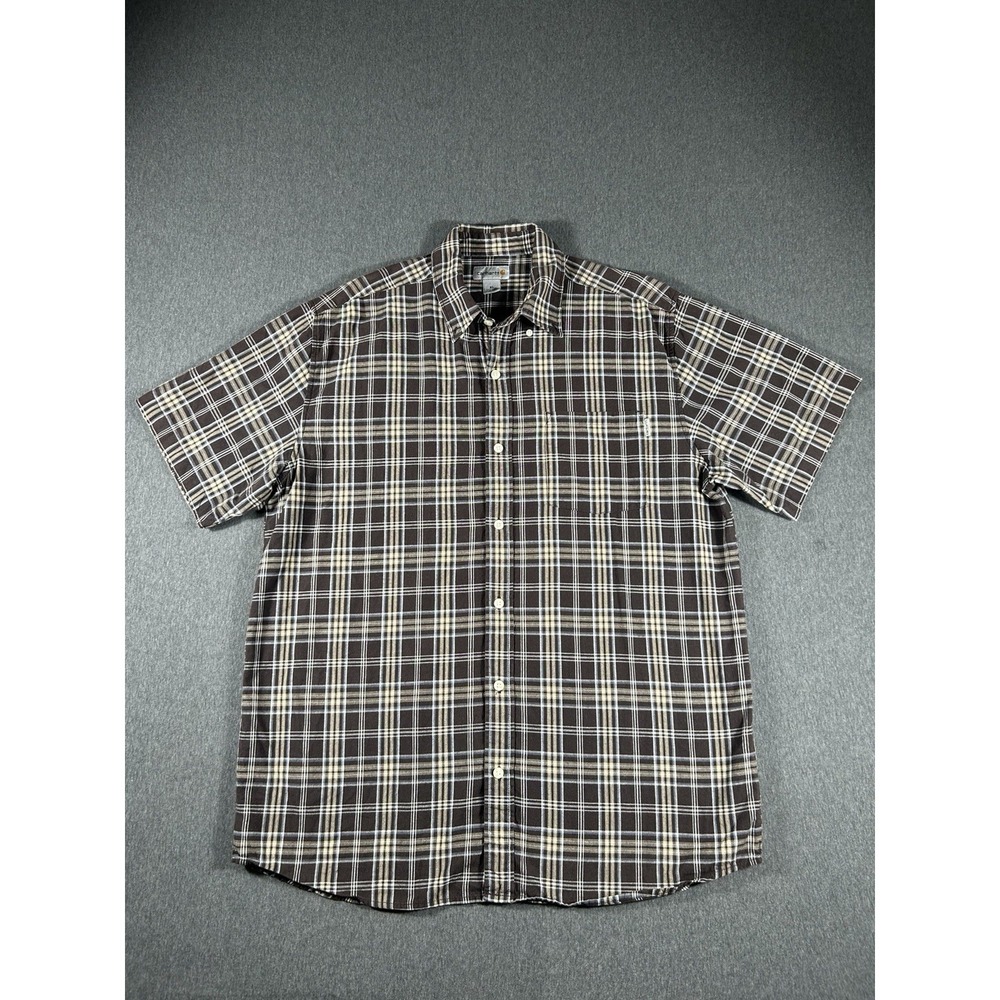 Carhartt Men's XL Brown Plaid Short Sleeve ButtonDown Work Shirt